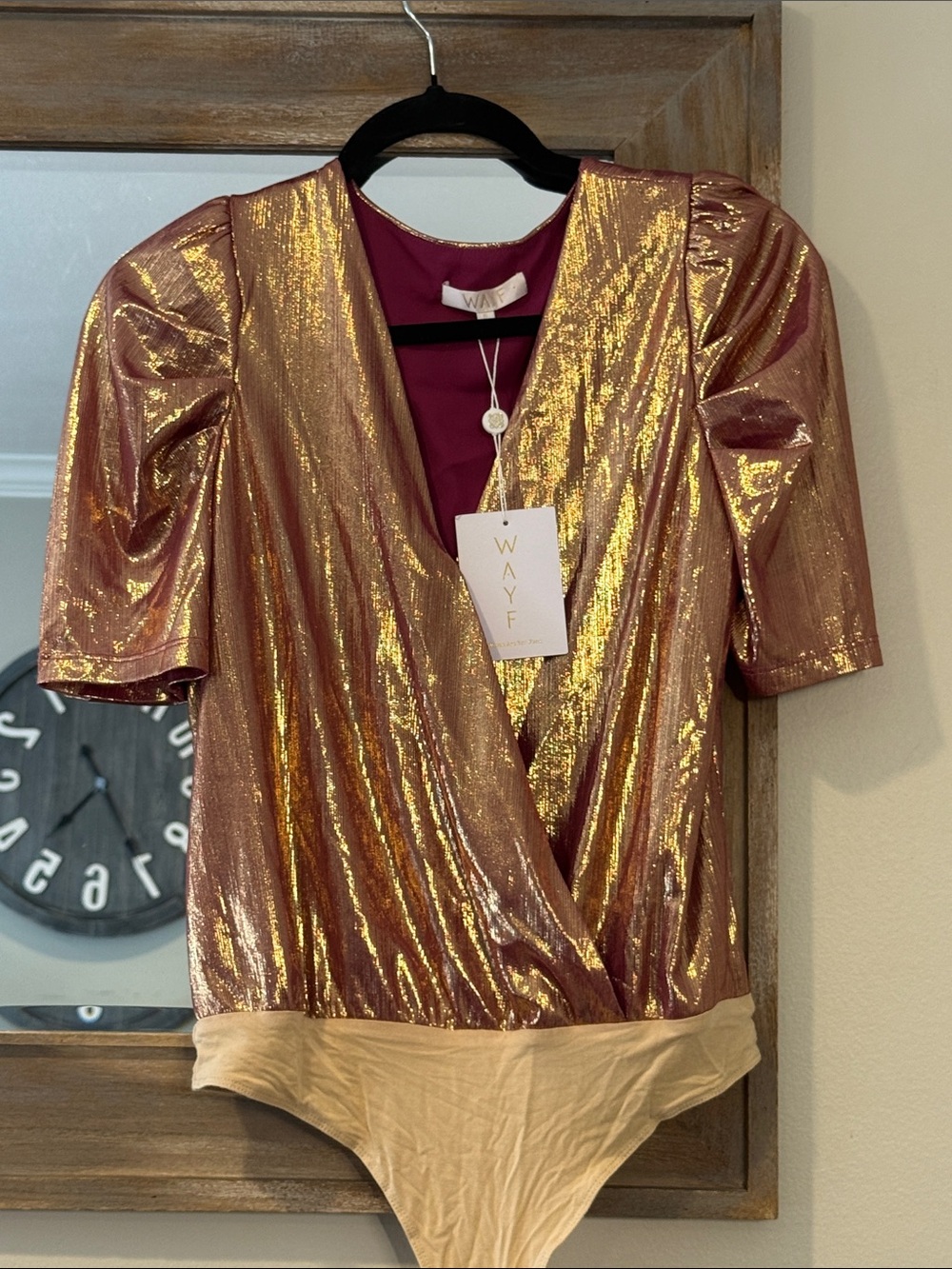 Wayf Metallic Rose Gold V-Neck Puff Sleeve Bodysuit